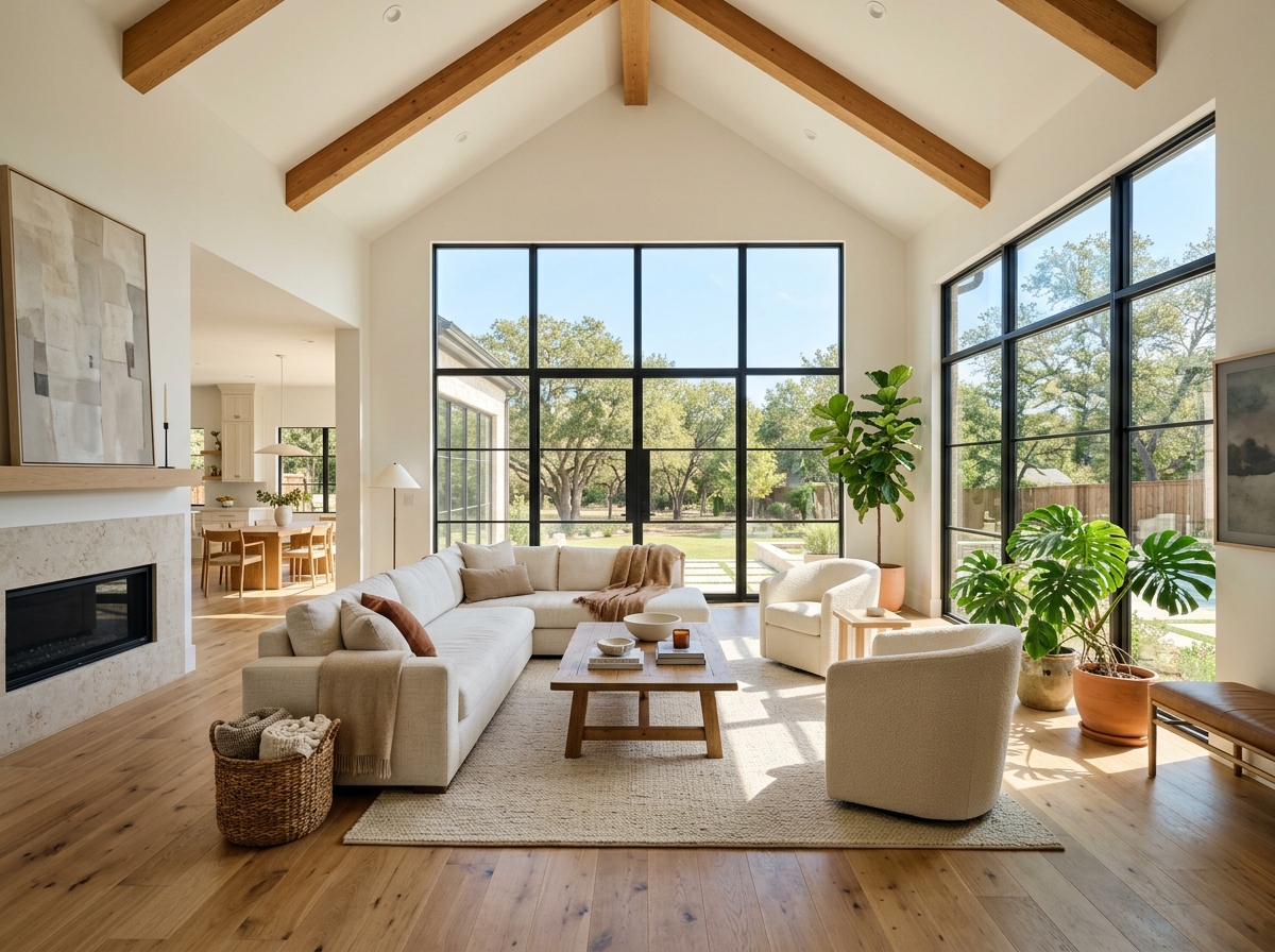 Warm, modern living room interior